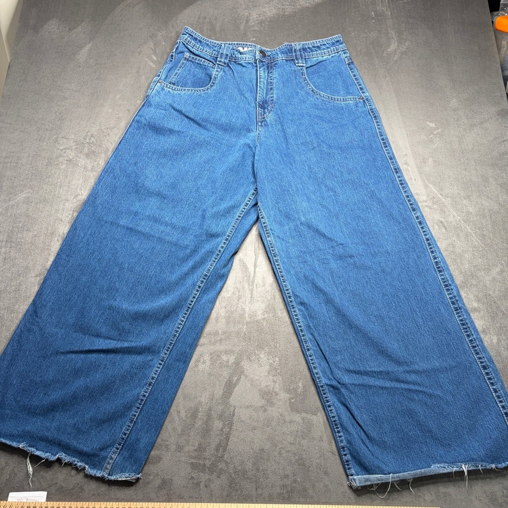 ALAB Wide Leg Jeans Men 34 Blue Extra Baggy 90s Skater Raver 26 Mega Raw Hem
